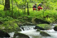 Ein Bachlauf im Wald, Fahrradfahrer im Hintergrund